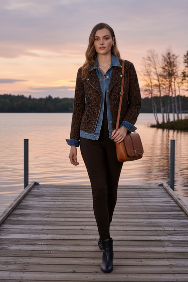 Look 2 – Veste en jean enfilée, bord de lac québécois