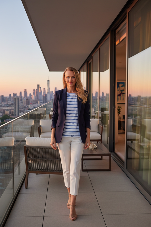 10. Balcon penthouse mobilier moderne + blazer marine et pantalon blanc court