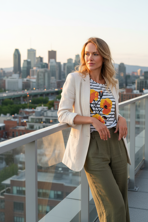 10. Balcon toit skyline + blazer lin crème et pantalon olive