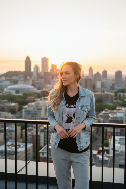 10. Balcon toit skyline + joggers gris et veste denim
