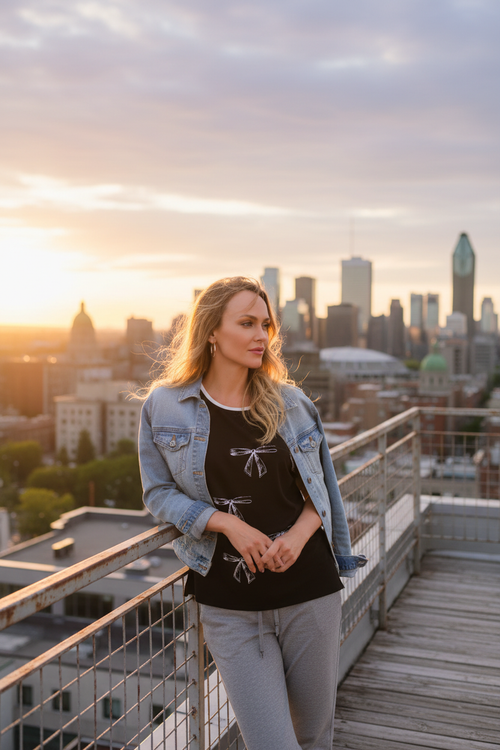 10. Balcon toit skyline + joggers gris et veste denim
