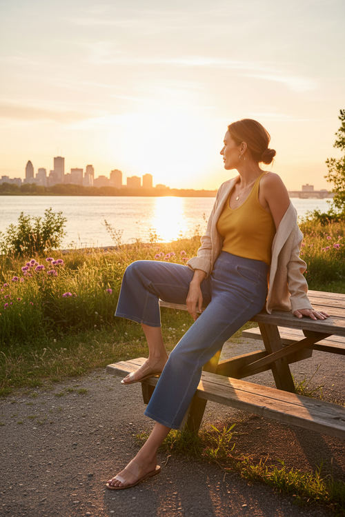 10. Table pique-nique Longueuil fleuve + camisole jaune (assise table jambe relevée)