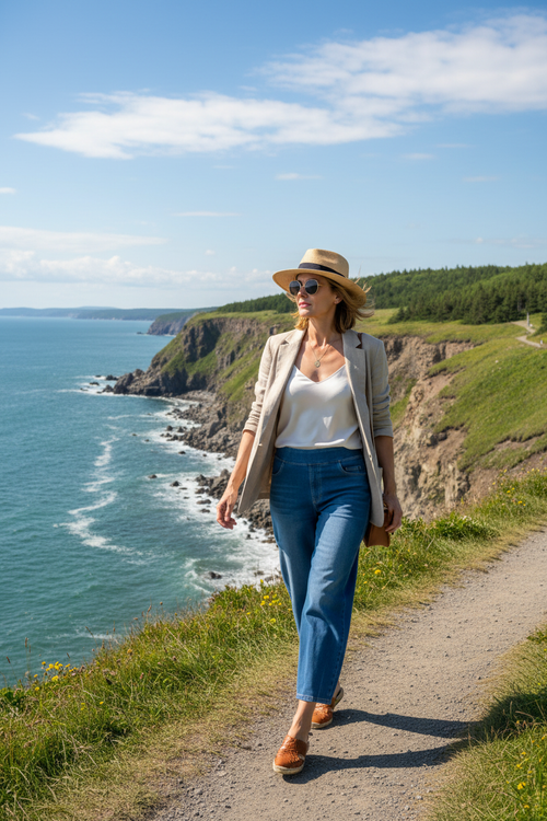 2. Falaises côtières Forillon golfe + blazer lin beige (marche)