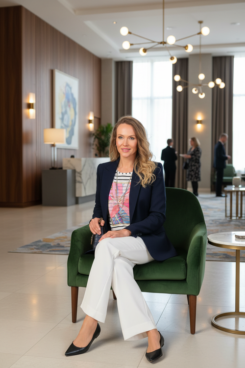 2. Lobby hôtel fauteuil velours + blazer marine et pantalon blanc
