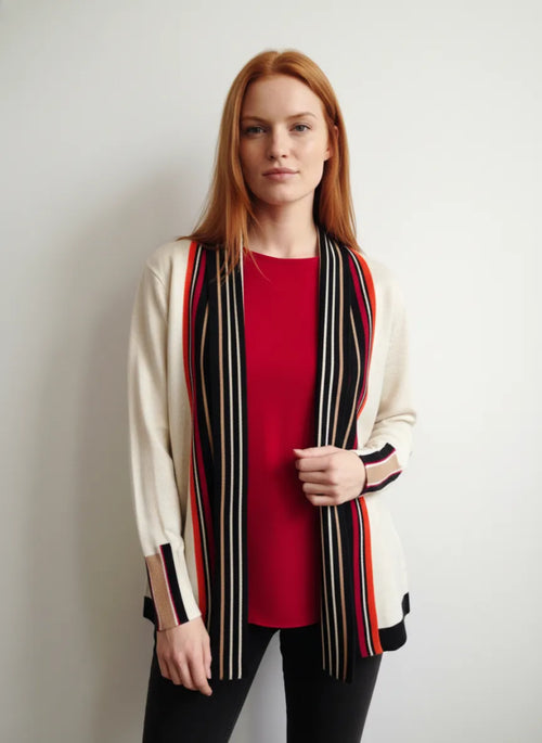 Veste Ouverte à Bordures Rayées Beige Scorzzo 226021 — Pour la femme qui aime les contrastes, parce que les lignes donnent du caractère, au bureau sur un haut noir ou le weekend avec un jean et des bottines