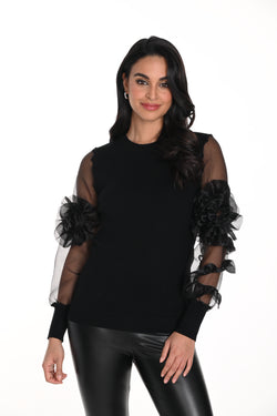 Haut noir Frank Lyman 243405U pour femme – Manches en tulle avec détails floraux, style élégant et romantique