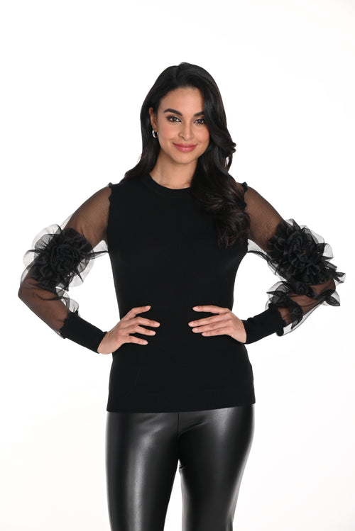 Haut noir Frank Lyman 243405U pour femme – Manches en tulle avec détails floraux, style élégant et romantique