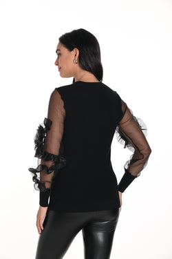 Haut noir Frank Lyman 243405U pour femme – Manches en tulle avec détails floraux, style élégant et romantique