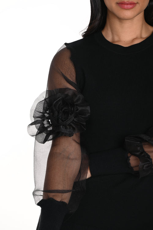 Haut noir Frank Lyman 243405U pour femme – Manches en tulle avec détails floraux, style élégant et romantique