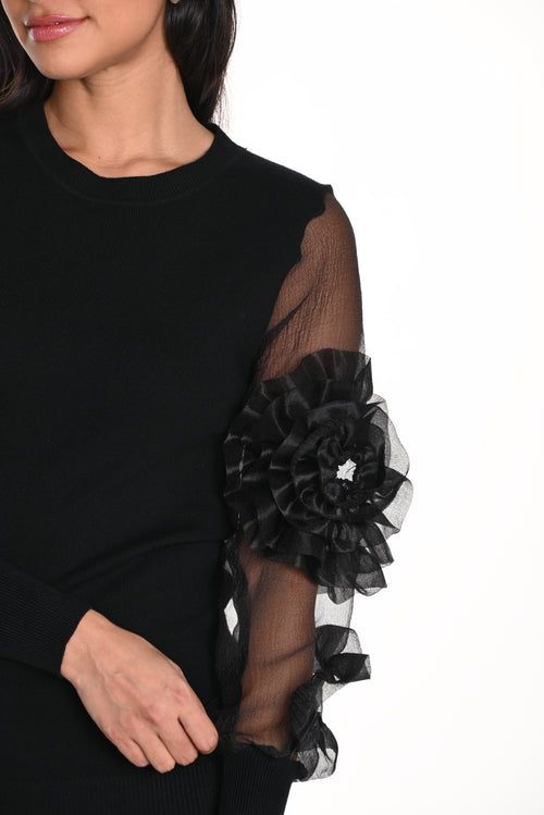 Haut noir Frank Lyman 243405U pour femme – Manches en tulle avec détails floraux, style élégant et romantique