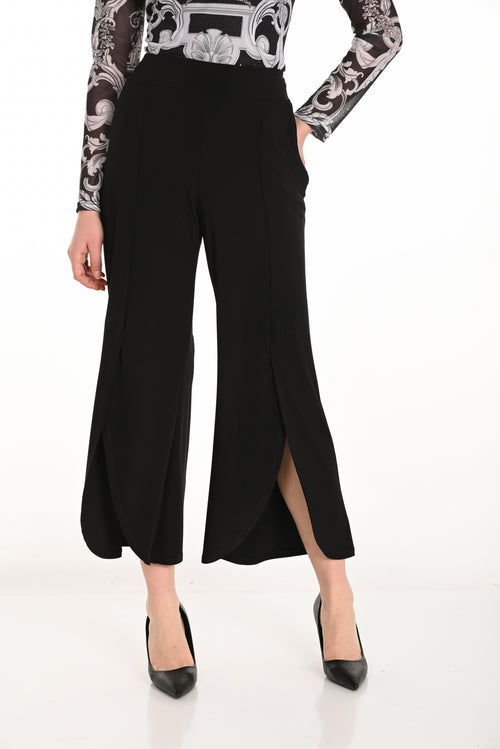 Pantalon Frank Lyman noir à jambe large avec panneaux croisés et ouvertures avant élégantes, conçu pour une silhouette fluide et sophistiquée – Modèle 253008