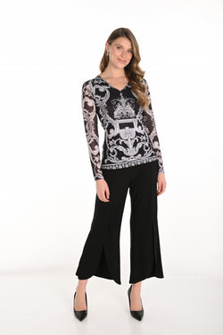 Pantalon Frank Lyman noir à jambe large avec panneaux croisés et ouvertures avant élégantes, conçu pour une silhouette fluide et sophistiquée – Modèle 253008