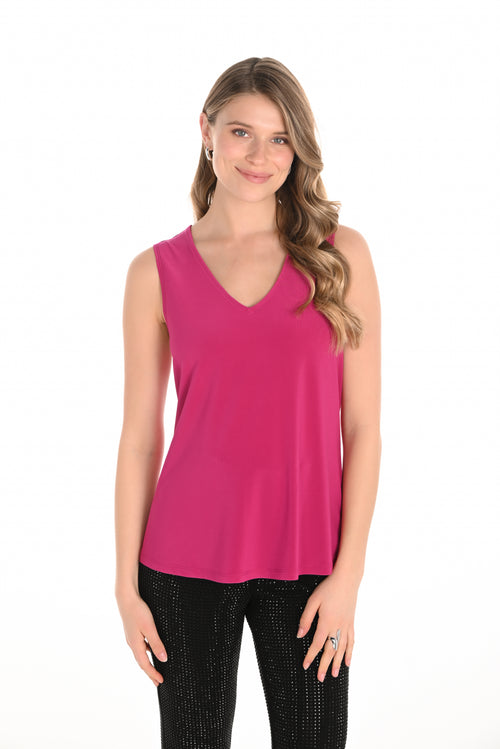Camisole Frank Lyman fuchsia sans manches à encolure en V dans un tissu fluide et extensible, conçue pour une allure féminine et polyvalente – Modèle 253015