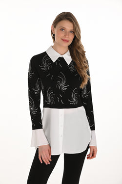 Haut Frank Lyman 254990 à manches longues avec col chemise contrastant et motifs décoratifs – Look chic et structuré, idéal pour occasions élégantes
