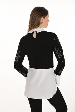 Haut Frank Lyman 254990 à manches longues avec col chemise contrastant et motifs décoratifs – Look chic et structuré, idéal pour occasions élégantes