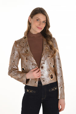 Veston court Frank Lyman couleur bronze à fini métallisé avec œillets décoratifs et coupe structurée, conçu pour un style audacieux et sophistiqué – Modèle 254997