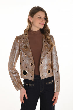 Veston court Frank Lyman couleur bronze à fini métallisé avec œillets décoratifs et coupe structurée, conçu pour un style audacieux et sophistiqué – Modèle 254997