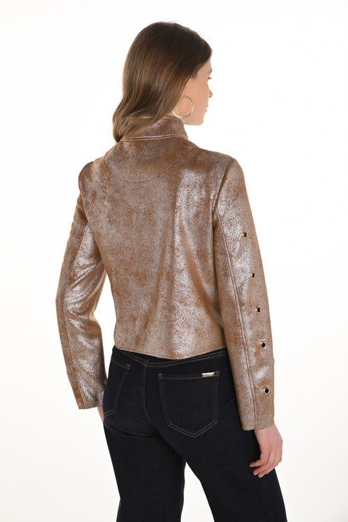 Veston court Frank Lyman couleur bronze à fini métallisé avec œillets décoratifs et coupe structurée, conçu pour un style audacieux et sophistiqué – Modèle 254997
