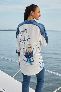 Chemise artistique Frank Lyman 256740U – Imprimé graphique blanc et bleu denim, coupe ample décontractée, pièce statement polyvalente