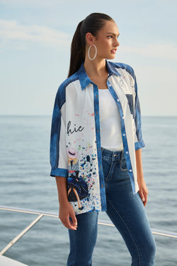 Chemise artistique Frank Lyman 256740U – Imprimé graphique blanc et bleu denim, coupe ample décontractée, pièce statement polyvalente