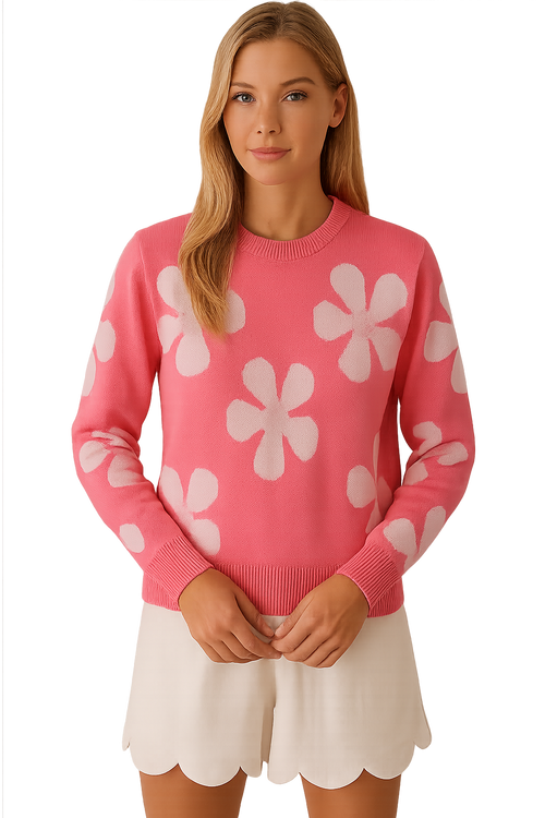 Chandail Orly 261122 tricot rose imprimé floral pour femme – Joyeux et féminin, parfait pour quotidien, sorties et occasions