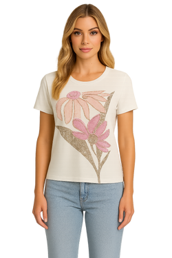 Chandail Orly 261158 blanc imprimé floral rose paillettes pour femme – Romantique et élégant, parfait pour quotidien, sorties et occasions