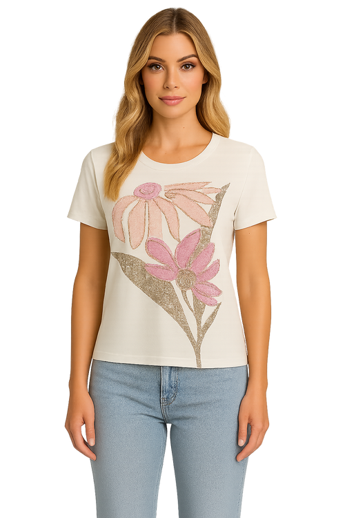 Chandail Orly 261158 blanc imprimé floral rose paillettes pour femme – Romantique et élégant, parfait pour quotidien, sorties et occasions