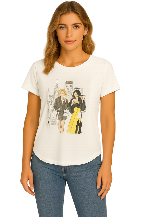 Chandail Orly 261210 blanc imprimé mode New York noir jaune pour femme – Chic et urbain, parfait pour quotidien, sorties et occasions