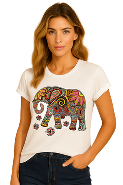 Chandail Orly 261216 blanc imprimé éléphant multicolore pour femme – Joyeux et créatif, parfait pour quotidien, sorties et occasions