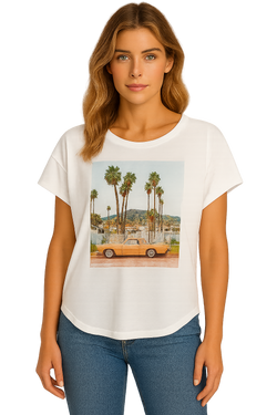 Chandail Orly 261221 blanc imprimé voiture vintage palmiers pour femme – Décontracté et tendance, parfait pour quotidien, sorties et occasions