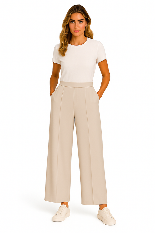Pantalon Orly 261234 : beige avec jambe large, plis devant, poches. Parfait pour bureau et occasions. Style élégant et confortable.