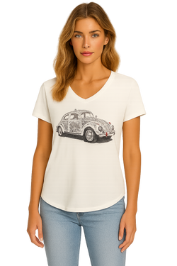 Chandail Orly 261237 blanc cassé imprimé voiture coccinelle vintage pour femme – Décontracté et tendance, parfait pour quotidien, sorties et occasions