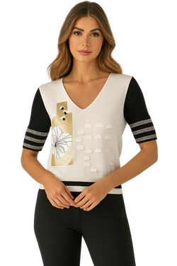 Chandail Orly 261264 blanc cassé noir détails artistiques pour femme – Chic et créatif, parfait pour quotidien, sorties et occasions