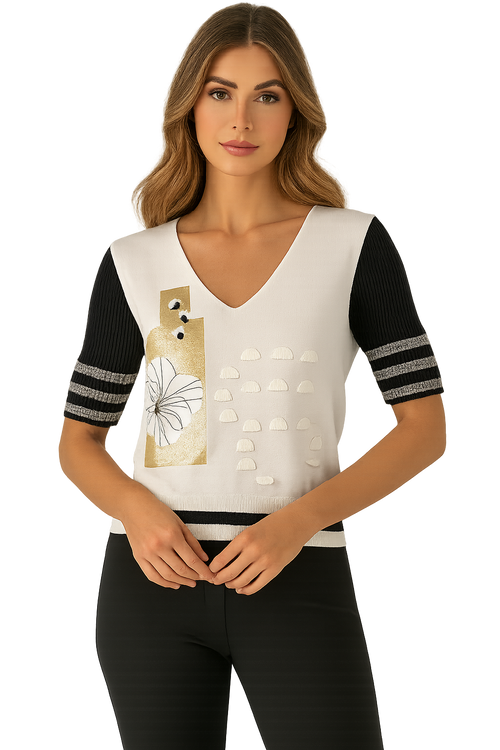 Chandail Orly 261264 blanc cassé noir détails artistiques pour femme – Chic et créatif, parfait pour quotidien, sorties et occasions