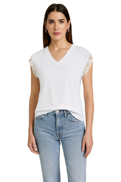 Haut Orly 261266 blanc détails cloutés dorés pour femme – Chic et élégant, parfait pour quotidien, sorties et occasions