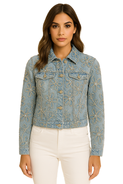 Veste en denim brodé – 261308 – Un chef-d’œuvre floral à porter sans réserve – Conçue pour la femme qui ose se démarquer – Du café du matin au cocktail du soir