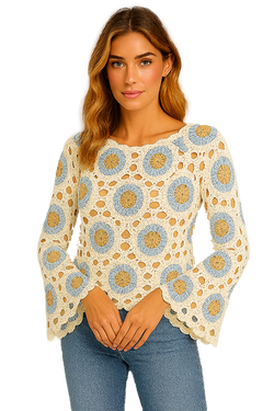 Haut Orly 261314 tricot crocheté off white bleu pour femme – Bohème et élégant, parfait pour quotidien, sorties et occasions