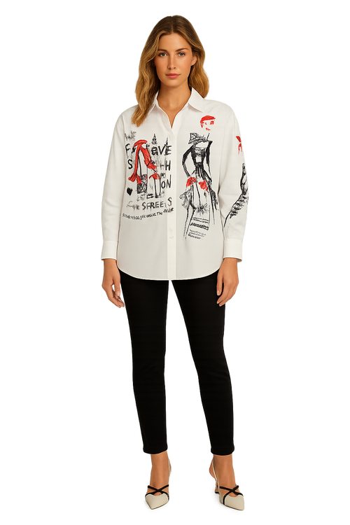 Chemisier imprimé blanc pour femme – Orly 261328 | Chemise artistique avec imprimé rouge et noir style moderne | Pour la femme élégante qui aime les pièces originales | Parfait pour le bureau, les sorties ou les occasions spéciales