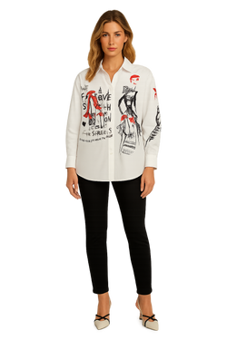 Chemise Orly 261328 blanche imprimé mode noir rouge pour femme – Élégante et artistique, parfaite pour bureau, sorties et occasions