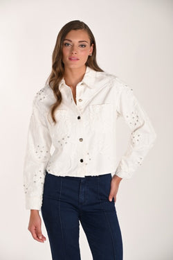 Jacket en denim off white à broderies ton sur ton – 261600 – Une pièce signature chic et raffinée – Frank Lyman