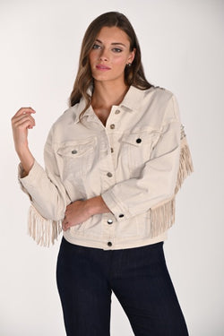 Jacket denim beige à franges et broderies – 261605 – Une pièce boho-chic signature pour une allure tendance et féminine – Frank Lyman