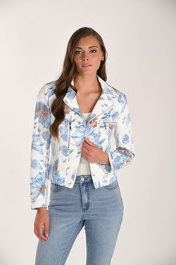 Jacket style moto ivoire à imprimé floral bleu – 261618 – Une pièce féminine et élégante pour une allure chic et printanière – Frank Lyman