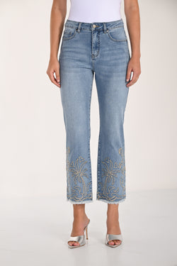 Jean coupe droite bleu clair à broderies palmiers en strass argentés – 261621 – Un jean signature glamour et tropical – Frank Lyman