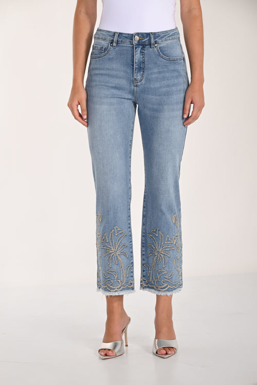 Jean coupe droite bleu clair à broderies palmiers en strass argentés – 261621 – Un jean signature glamour et tropical – Frank Lyman