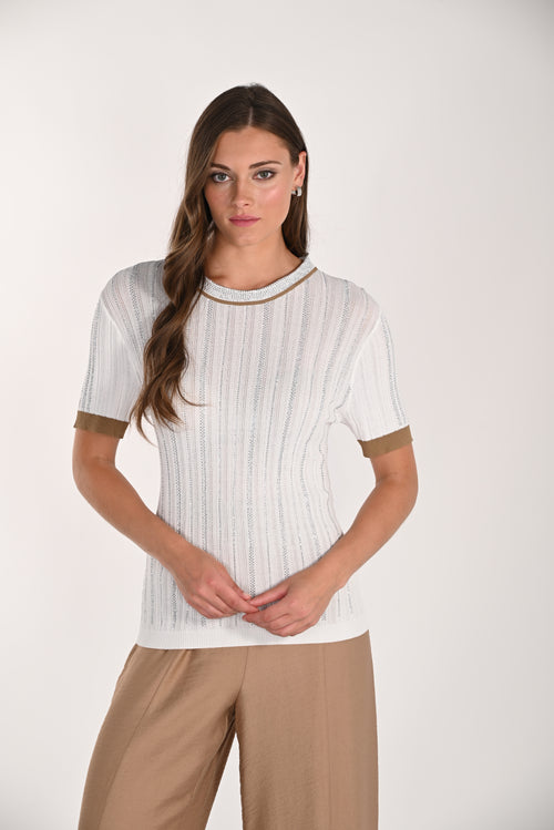 Chandail Tricot Ajouré Ivoire Bordures Camel Frank Lyman 261638 — Quand la finesse du fil rencontre l’élégance du contraste