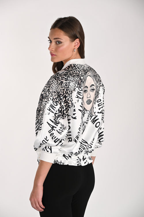 Haut Zippé à Imprimé Léopard et Portrait au Dos Noir et Blanc Frank Lyman 261657 — Pour la femme au style affirmé, parce que ses motifs donnent du caractère, en ville avec un pantalon noir ou en sortie avec un jean foncé