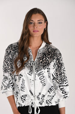 Haut Zippé à Imprimé Léopard et Portrait au Dos Noir et Blanc Frank Lyman 261657 — Pour la femme au style affirmé, parce que ses motifs donnent du caractère, en ville avec un pantalon noir ou en sortie avec un jean foncé