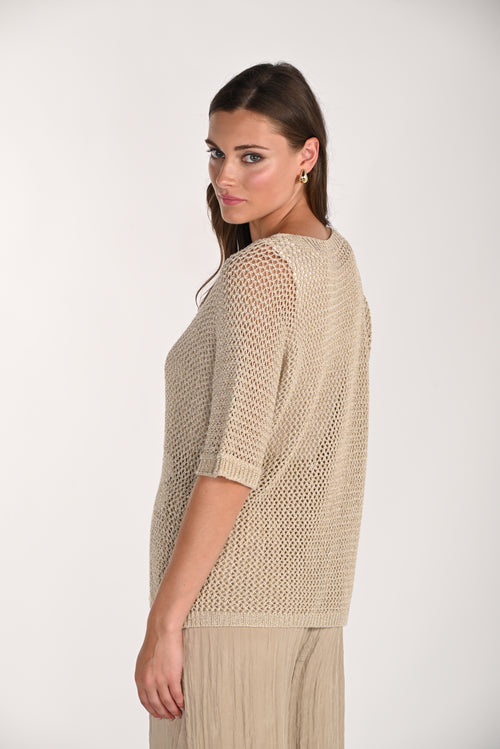 Chandail tricot maille filet doré à motifs floraux en relief – 261665 – Un haut léger et lumineux pour une allure boho-chic estivale – Frank Lyman