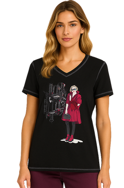 Chandail Col V à Illustration Mode et Manches Courtes Noir Orly 262104 — Pour la femme qui aime une touche de fantaisie, parce que le rouge anime sa tenue, en sortie avec un pantalon bordeaux ou le weekend avec un jean