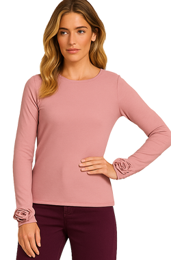 Haut Col Rond à Roses en Relief aux Poignets Beige, Noir ou Rose Orly 262115 — Pour la femme qui aime les détails délicats, parce que les fleurs signent sa tenue, au bureau avec un pantalon ou le weekend avec un jean